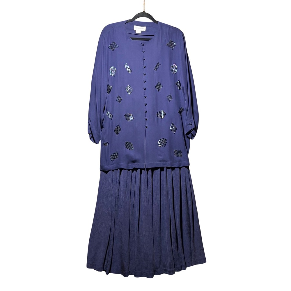 Vintage 90s Meredith Navy 100%‎ Silk Beaded Tunic and Pleated Maxi Skirt Set